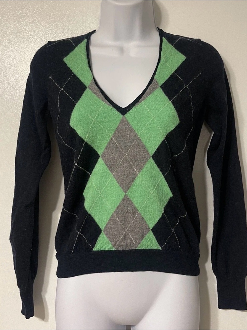 Vintage J. Crew Black V-Neck Sweater with Green and Gray Argyle